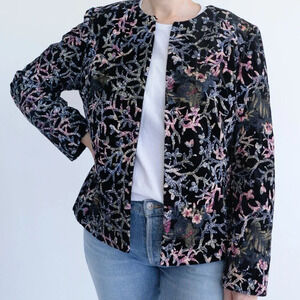 Vintage Tahari Arthur Levine Black &  Maroon Sequin Velvet Embroidered Jacket 14